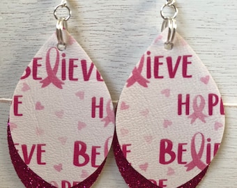 Sparkly Breast Cancer Awareness Faux Leather Earrings