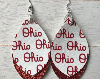 Sparkly Script Ohio OSU Faux Leather Earrings
