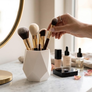 Könnte beinhalten: Ein weißer, geometrisch facettierter Behälter mit mehreren Make-up-Pinseln, die goldene Zwingen und dunkelbraune oder cremefarbene Borsten haben. Die Pinsel haben lange Griffe in verschiedenen Braun- und Schwarztönen und stehen aufrecht im Halter.