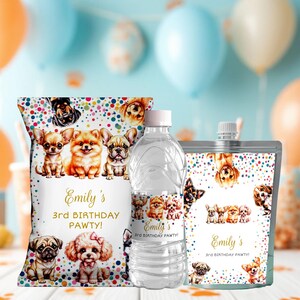 May include: A party-themed set featuring a water bottle, a snack bag, and a pouch, all adorned with illustrations of various dog breeds. The items are decorated with colorful confetti and the text "Emily's 3rd Birthday Pawty!"
