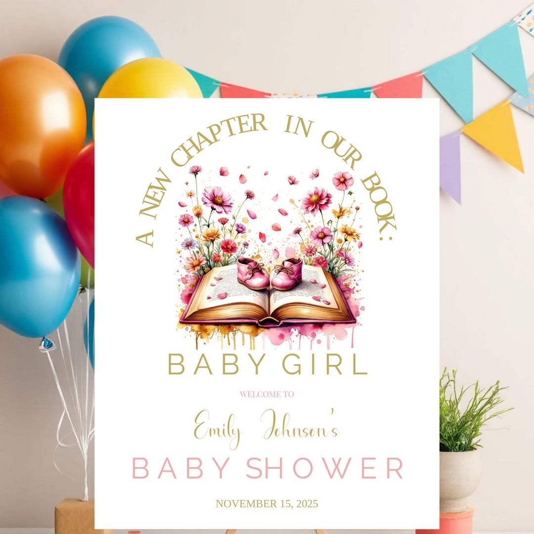 First Chapter Welcome Sign A New Chapter Floral Book Welcome Sign, Pink Booties Baby Shower ...