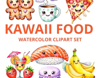 Set de comida kawaii en acuarela: Imágenes prediseñadas de sushi, pizza, café y postres / Descargas PNG imprimibles