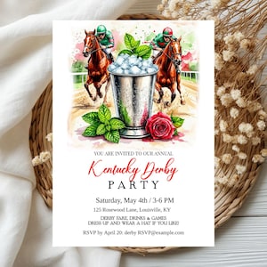 May include: A watercolor-style invitation for a Kentucky Derby party. The design features two racehorses with jockeys, a silver cup filled with ice, a red rose, and text that reads "Kentucky Derby Party".