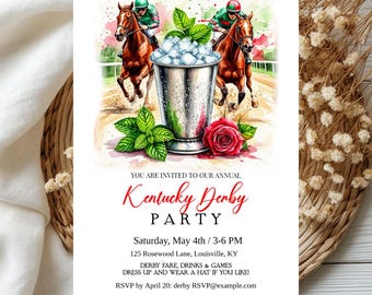 Puede incluir: Una invitación estilo acuarela para una fiesta del Kentucky Derby. El diseño presenta dos caballos de carreras con jinetes, una copa de plata llena de hielo, una rosa roja y el texto "Kentucky Derby Party".