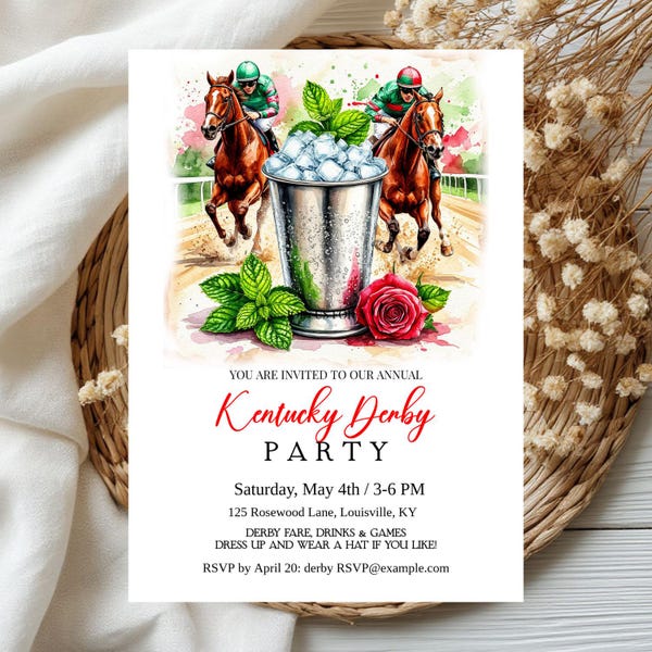 May include: A watercolor-style invitation for a Kentucky Derby party. The design features two racehorses with jockeys, a silver cup filled with ice, a red rose, and text that reads "Kentucky Derby Party".