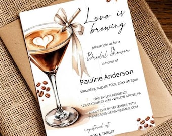 Faire-part de douche nuptiale Love Is Brewing, Faire-part de douche nuptiale martini expresso - Thème des amateurs de café, Shower nuptiale de bar à café