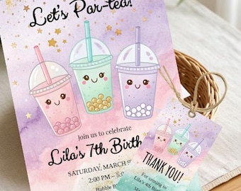 Boba Tea Birthday Invitation Template | Cute Kawaii Bubble Tea Party Invite | Editable Kids Birthday Card | Par-tea Theme