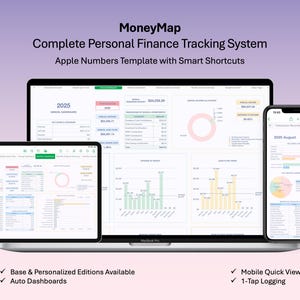 Puede incluir: MoneyMap, un sistema de seguimiento financiero personal, se muestra en una computadora portátil, tableta y teléfono inteligente. La plantilla de Apple Numbers muestra datos financieros con gráficos. El texto incluye "Complete Personal Finance Tracking System."