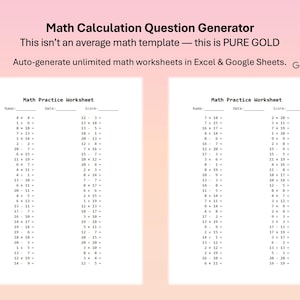 Puede incluir: Imagen de un generador de hojas de cálculo de matemáticas con el texto "Math Calculation Question Generator" y "This isn't an average math template - this is PURE GOLD." Se muestran dos hojas de cálculo con problemas de matemáticas. La imagen también incluye los logotipos de Excel y Google Sheets.