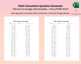 Math Practice Generator for Kids | Auto-Create Addition, Subtraction, Multiplication, Division Worksheets | Excel + Google Sheets