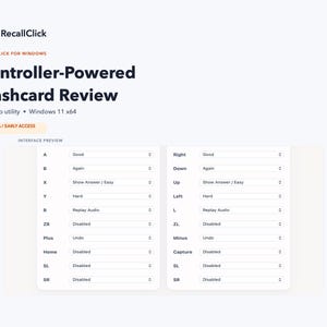 Könnte beinhalten: Eine Software-Oberfläche für RecallClick Controller-Powered Flashcard Review auf Windows 11 x64. Die Anzeige zeigt zwei Spalten mit Tastenbelegungseinstellungen für Gamecontroller, die Eingaben wie A, B, X, Y, R, ZR, Plus, Home, SL, SR, Right, Down, Up, Left, L, ZL, Minus und Capture auflisten.