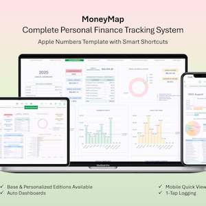 Op de afbeelding: MoneyMap, een digitaal systeem voor het bijhouden van persoonlijke financiën, wordt weergegeven op een laptop, tablet en smartphone. De Apple Numbers-sjabloon heeft slimme snelkoppelingen. De afbeelding toont financiële gegevens, grafieken. Tekst: "2025" en "Augustus 2025".