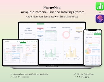 May include: A digital financial tracking system, MoneyMap, displayed on a laptop, tablet, and smartphone. The Apple Numbers template features smart shortcuts. The image shows financial data, charts, and graphs. Text includes "2025" and "August 2025".