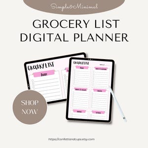 Peut inclure: Deux tablettes affichent des planificateurs numériques de listes de courses. L'écran affiche "Grocery List" avec des sections pour les produits laitiers, les fruits, la viande, les surgelés et autres. L'image comprend également le texte "Simple & Minimal" et "Shop Now".