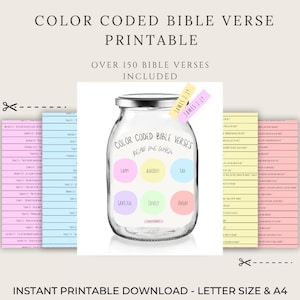 May include: A printable digital download featuring a color-coded Bible verse jar with the text "Color Coded Bible Verses Read Me When". Includes over 150 Bible verses. The image also shows color-coded pages and the text "Instant Printable Download - Letter Size & A4".