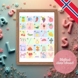 May include: A framed alphabet chart with colorful illustrations, including a pineapple, chili pepper, grapes, and a strawberry. The word "BABY" is spelled out with 3D letters. The image also includes the text "Digital Download".