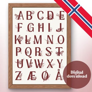May include: A framed alphabet print featuring the letters A through Å in a burgundy color, each letter accompanied by a corresponding animal illustration. The print has a cream-colored background and a brown wooden frame. A Norwegian flag is in the upper right corner.