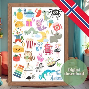 May include: A framed alphabet poster with colorful illustrations of various objects, each representing a letter. The poster includes a pineapple, a boat, a chili pepper, a dinosaur, a spider, a mermaid, and a robot.