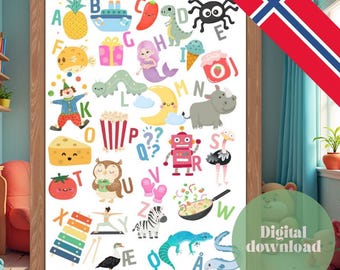 Alfabetplakat på norsk - Plakat til barnerom -  Digital ABC - Alphabet poster in Norwegian - Nursery poster - Kids - Printable - Alfabet