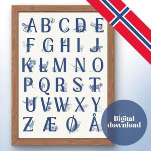 May include: A framed alphabet print featuring the letters A through Å, each letter is accompanied by a blue illustration. The print has a wooden frame and a Norwegian flag in the upper right corner. A blue circle with the words "Digital download" is in the lower right corner.