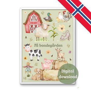 May include: A framed print featuring watercolor illustrations of farm animals, including a sheep, cow, pig, and goat. A red barn and the text "På bondegården" are also included. The words "Digital download" are in a green circle.