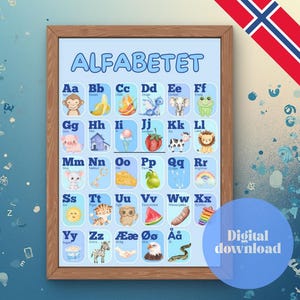 May include: A framed alphabet chart with the word "ALFABETET" at the top. Each letter is paired with a colorful illustration, such as a monkey for "Aa" and a zebra for "Zz". A blue circle with the words "Digital download" is in the bottom right corner.