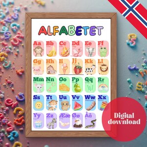May include: A framed alphabet chart with colorful illustrations and the word "ALFABETET" at the top. Each letter has a corresponding image, such as a monkey for "Aa" and a zebra for "Zz". A red circle with the words "Digital download" is in the bottom right corner.
