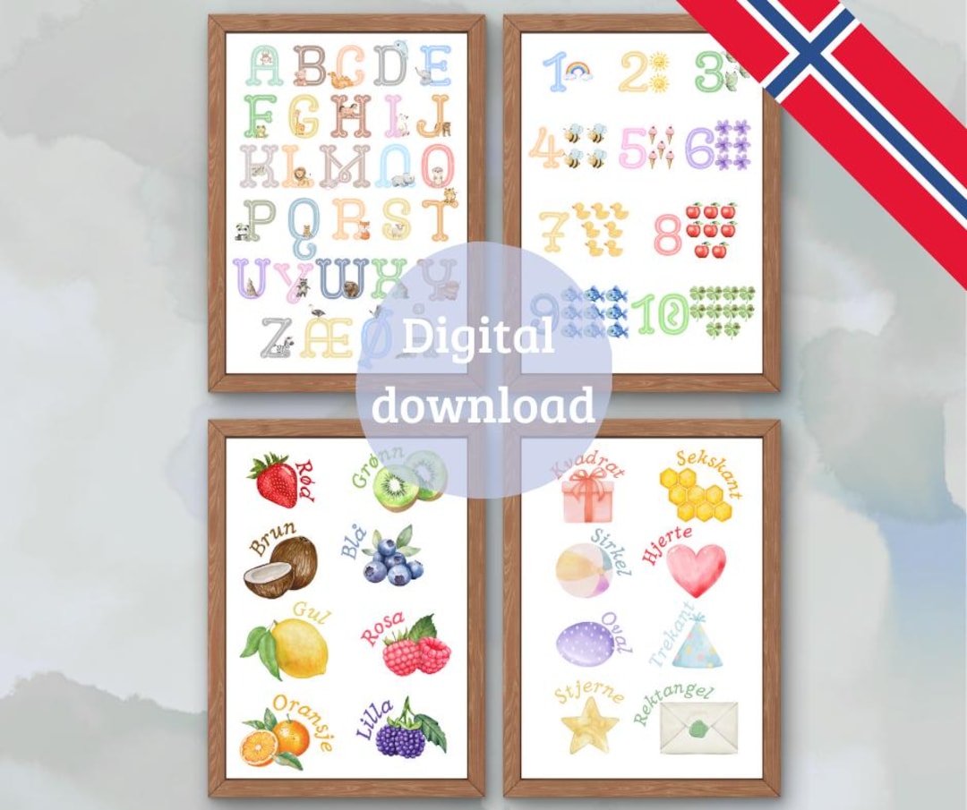 Norsk Alfabet - Plakater for Barn - Tall - Farger - Former - Læring ...