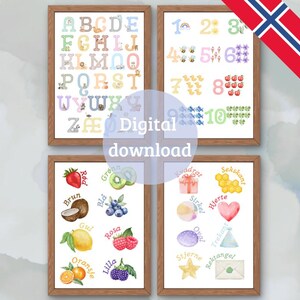 May include: Four framed watercolor prints with educational themes. One features the alphabet with animal illustrations, another displays numbers 1-10 with corresponding images. The other two prints show fruits, colors, and shapes with Norwegian words.