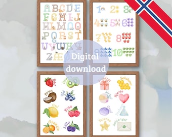 Norsk alfabet - Plakater for Barn - Tall - Farger - Former - Læring - Digital Nedlasting - Printable - Norwegian Alphabet - nursery