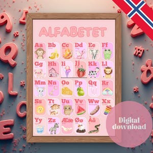 May include: A framed pink alphabet chart with the word "ALFABETET" at the top. Each letter is paired with a corresponding image, such as a monkey for "Aa" and a zebra for "Zz". The words "Digital download" are in a pink circle.