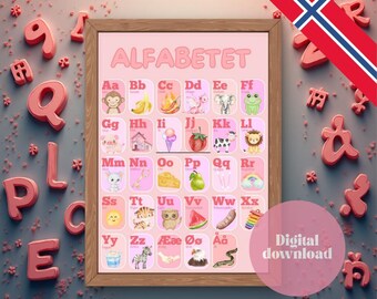 Alfabetplakat på norsk ROSA - Plakat til barnerom - Digital ABC - Alphabet poster Norwegian - nursery - kids decor - Printable - alfabet