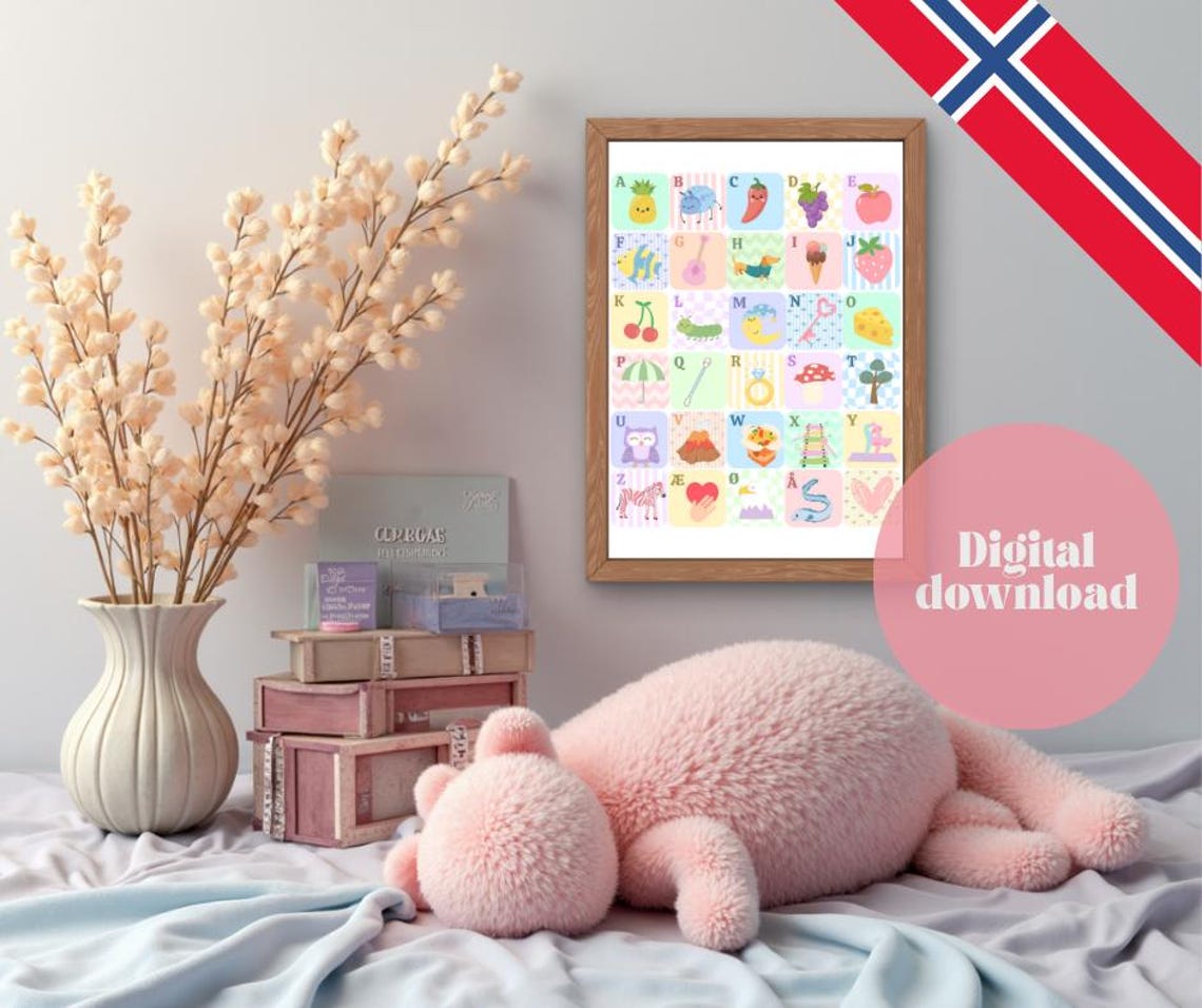 Norsk Alfabetplakat for Barn - ABC - Digital Nedlasting - A–Å Med Søte ...