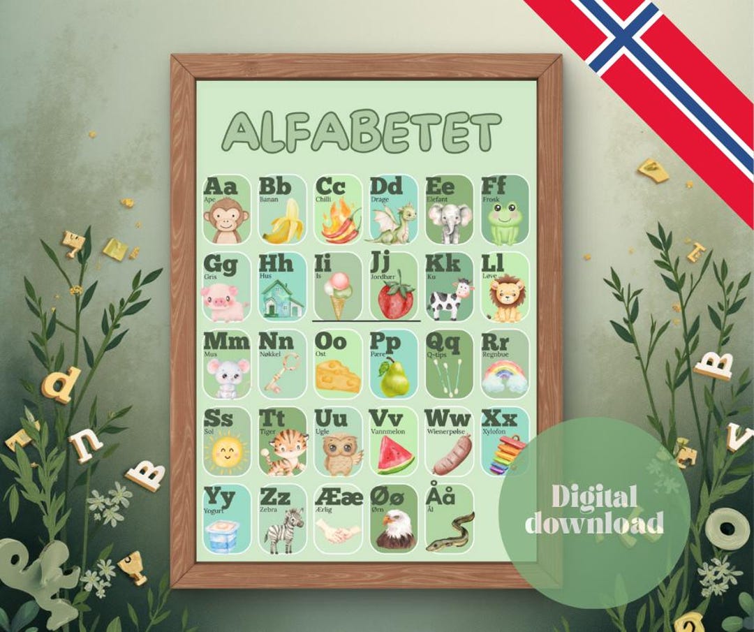 Alfabetplakat På Norsk GRØNN - Plakat Til Barnerom - Digital ABC ...