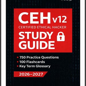 May include: A study guide for the Certified Ethical Hacker (CEH) v12 certification. The cover is red and black, with the text "CEH v12" and "Study Guide". Includes 750 practice questions, 100 flashcards, and a key term glossary.