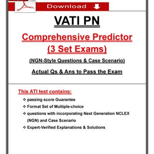 May include: A digital PDF document with a red and white PDF icon and a download arrow. The document is titled "VATI PN Comprehensive Predictor" and includes exam details and test features.