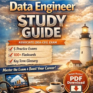 Op de afbeelding: Boekomslag voor de AWS Certified Data Engineer Study Guide. De cover toont een vuurtoren, laptop, koffie en de tekst "Direct downloaden!" en "PDF Download". Bevat "5 oefenexamens", "100+ flashcards".