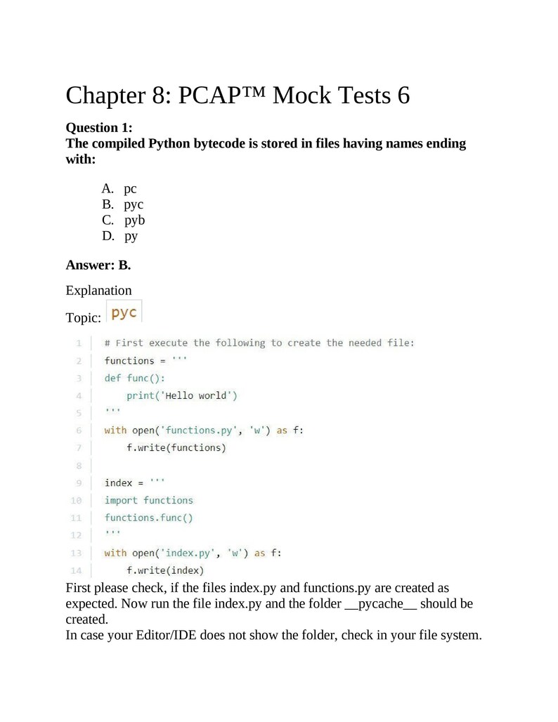 以下が含まれることがあります： 「Chapter 8: PCAP Mock Tests 6」というタイトルのドキュメント。Pythonバイトコードファイル拡張子に関する多肢選択問題があります。答えはBです。ドキュメントにはコードスニペットと説明が含まれています。