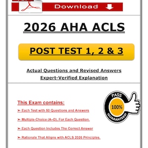 Könnte beinhalten: Weißes Dokument mit dem Text "2026 AHA ACLS" und "POST TEST 1, 2 & 3". Das Dokument enthält auch den Text "Actual Questions and Revised Answers" und ein "100% Guaranteed"-Abzeichen.