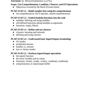 以下が含まれることがあります： リスト内包表記、ラムダ、クロージャ、I/O操作など、さまざまなトピックに関するセクションを詳述した黒いテキストが記載された白いページ。テキストは箇条書きと小見出しで構成されています。