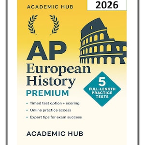 May include: A book cover for AP European History Premium, with a yellow and blue colour scheme. The cover displays the text "AP European History Premium" and the year "2026". It also mentions timed tests and online practice access.