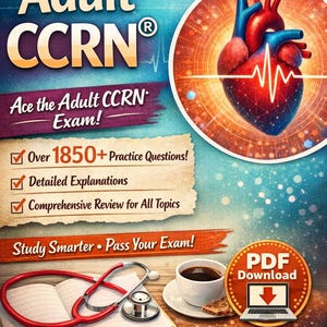 Puede incluir: Anuncio de descarga digital del examen Adult CCRN. La imagen presenta una ilustración estilizada de un corazón, un estetoscopio, un libro abierto y una taza de café. El texto incluye "Descarga instantánea", "Más de 1850+ preguntas de práctica" y "¡Estudia de forma más inteligente • Aprueba tu examen!"