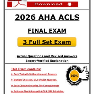 Könnte beinhalten: Weißes Dokument mit dem Text "2026 AHA ACLS FINAL EXAM" und "3 Full Set Exam". Das Dokument enthält auch den Text "Actual Questions and Revised Answers" und "Expert-Verified Explanation". Ein "PASS 100% GUARANTEED" Siegel ist ebenfalls vorhanden.