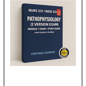May include: A navy blue textbook titled "PATHOPHYSIOLOGY (2 VERSION EXAM)" with the text "NURS 231 / BIOD 331" and "MODULE 1 EXAM + STUDY GUIDE." The book also has the text "PORTAGE LEARING" and a "100% GUARANTEED" sticker.