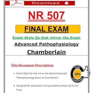 Op de afbeelding: Een document met de titel "NR 507 FINAL EXAM" in rode en gele tekst. Het document bevat de tekst "Exam-Style Qs that mirror the Exam" en "Advanced Pathophysiology Chamberlain". Een "100% Gegarandeerd" zegel is ook aanwezig.