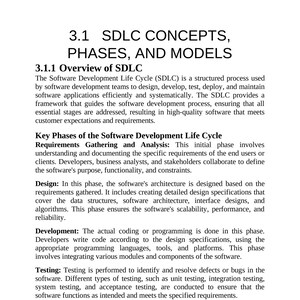 May include: A document detailing "3.1 SDLC CONCEPTS, PHASES, AND MODELS", with sections on the Software Development Life Cycle (SDLC) and its phases. The text explains the SDLC process, including requirements gathering, design, development, and testing.