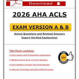 Könnte beinhalten: Grafik zum digitalen Download für die 2026 AHA ACLS-Prüfung. Das Bild zeigt den Text "2026 AHA ACLS" und "EXAM VERSION A & B". Zusätzlicher Text enthält "Tatsächliche Fragen und überarbeitete Antworten" und "Expertengeprüfte Erklärung". Ein "100% garantiert" Siegel ist ebenfalls vorhanden.