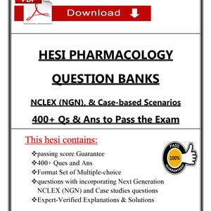 Puede incluir: Documento blanco con el texto "HESI PHARMACOLOGY QUESTION BANKS" y "400+ Qs & Ans to Pass the Exam". Incluye una insignia "100% Garantizado" y un botón "Descargar".