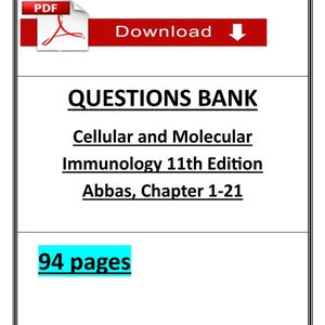 May include: A PDF document with a red and white download button. The document is titled "QUESTIONS BANK" and covers "Cellular and Molecular Immunology 11th Edition" by Abbas, Chapters 1-21. The document is 94 pages long.