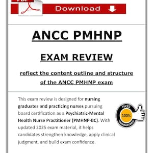 Könnte beinhalten: Weißes Dokument mit rotem PDF-Symbol und roter "Download"-Schaltfläche. Der Text lautet "ANCC PMHNP EXAM REVIEW" und beschreibt die Examensüberprüfung für psychiatrisch-psychische Krankenpfleger. Ein "100% Garantiert"-Abzeichen ist ebenfalls vorhanden.